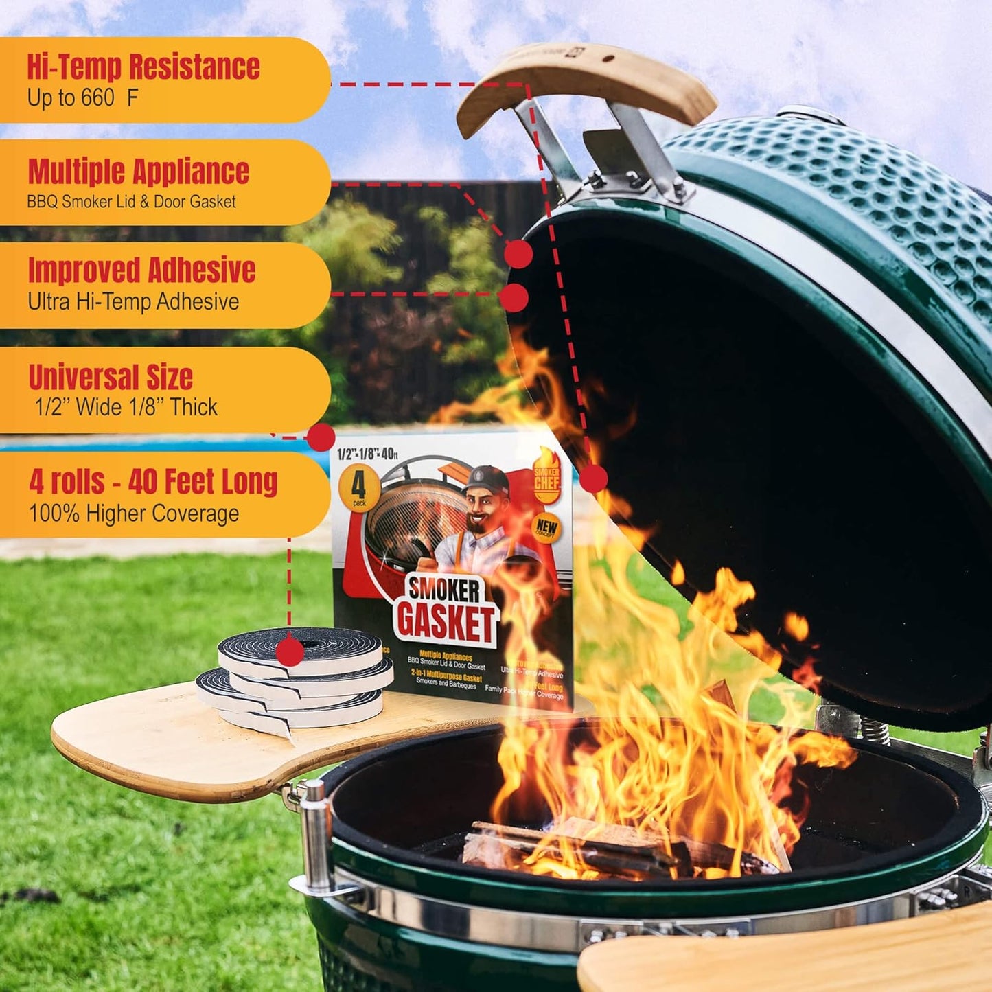 XXL 40 FT Grill Gasket for Smokers - Black 1/2’’ x 1/8’’ Hi Temp Seal Smoker Gasket – 4-Pack x 10 FT Self Stick Black Nomex Fire Tape BBQ Lid – Bbq Grill Smoker Accessories Gifts for Men