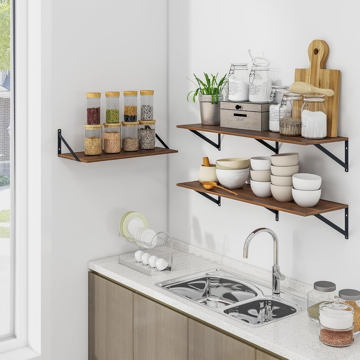 Heimlove 12 Inch Deep Floating Shelves for Wall, 48W x 12D Wood Wall Shelves Set of 2, Walnut Wide Floating Bookshelf for Living Room, Kitchen, Office, Bedroom, with Black Metal Bracke - Walnut