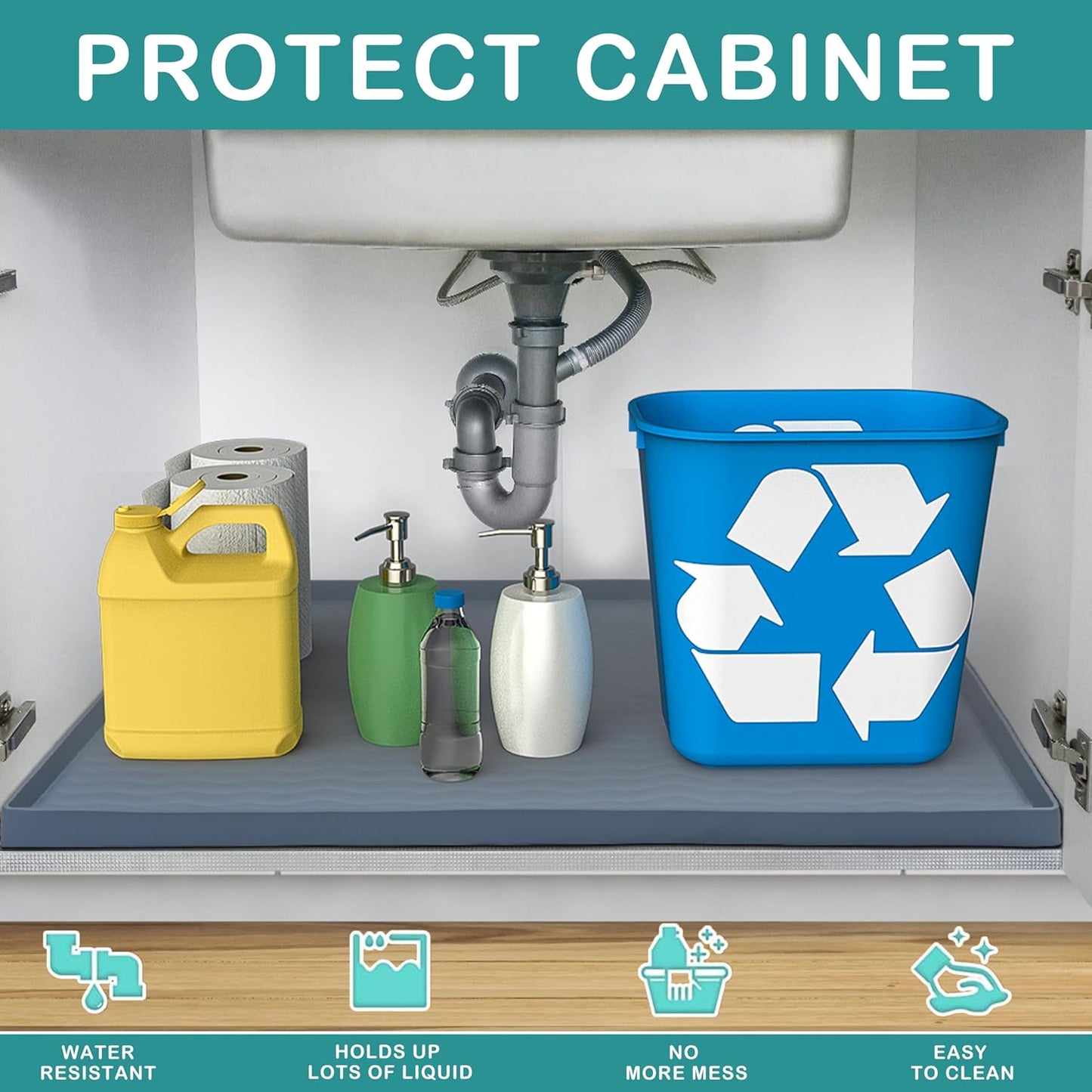 URMONA Waterproof Silicone Under Sink Mat 22'' x 22'' Shelf Liner for Kitchen and Bathroom, Cabinet and Counter Protector, Storage and Organizers, Litter Mat, Pet Cat Puppy Essentials(Beige)