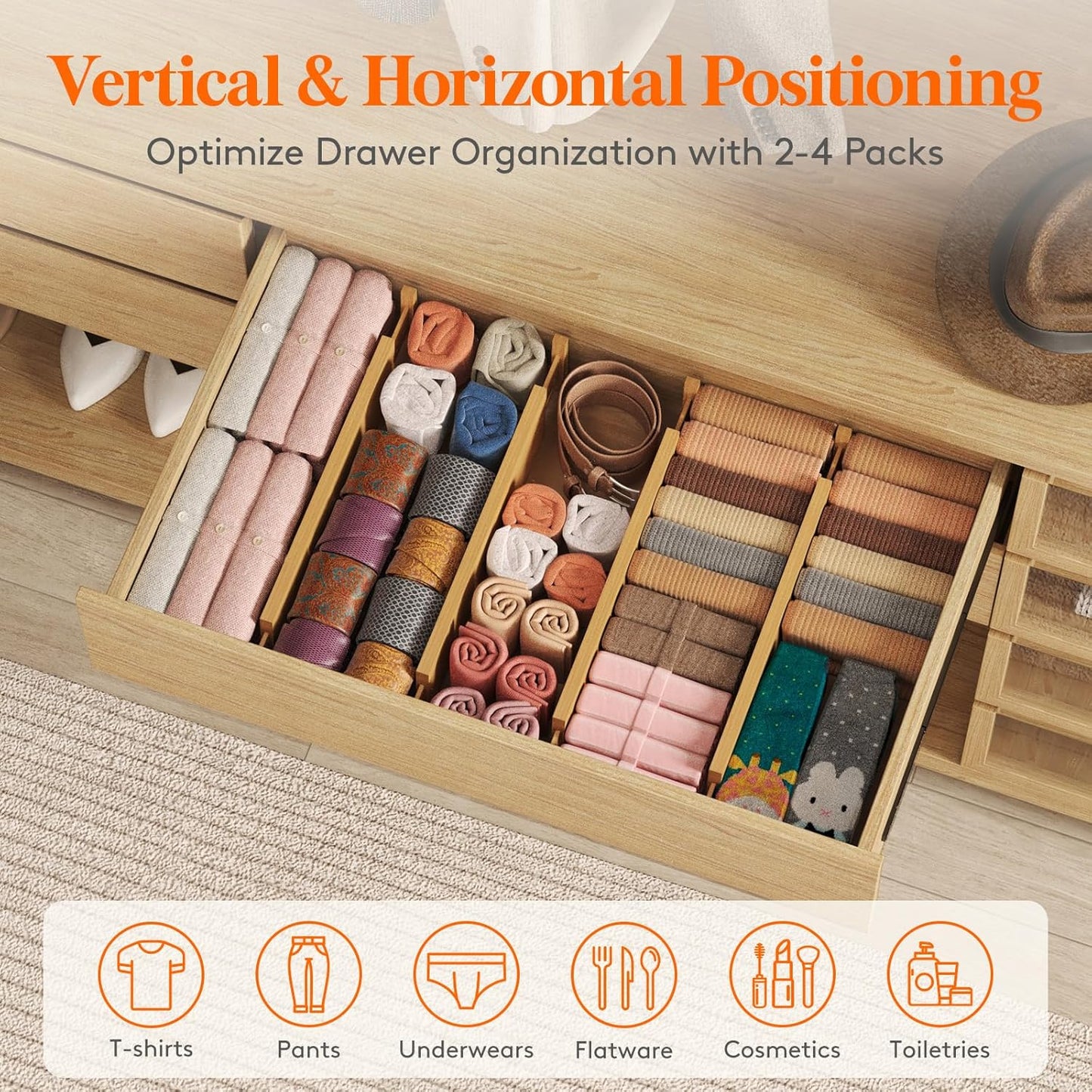 Lifewit 8 Pack Drawer Dividers Bamboo 4" High, 16-22" Adjustable Drawer Organizers for Clothes, Expandable Dresser Separators in Bedroom/Bathroom/Kitchen/Fridge/Office Organization and Storage