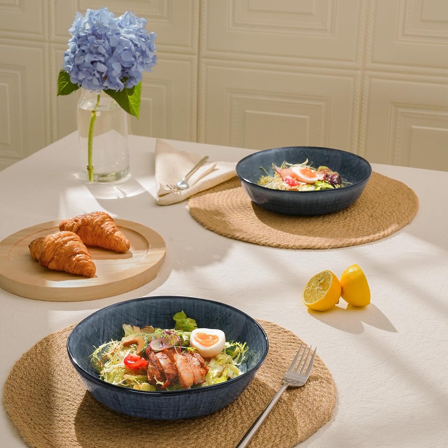 famiware Moonlight 8.5 Inch Pasta Bowls Set of 4, 32oz Serving Bowls for Kitchen, Soup Bowl with Linen Finish, Large Stoneware Bowls for Festivals, Housewarming, Dinnerware, Dark Blue