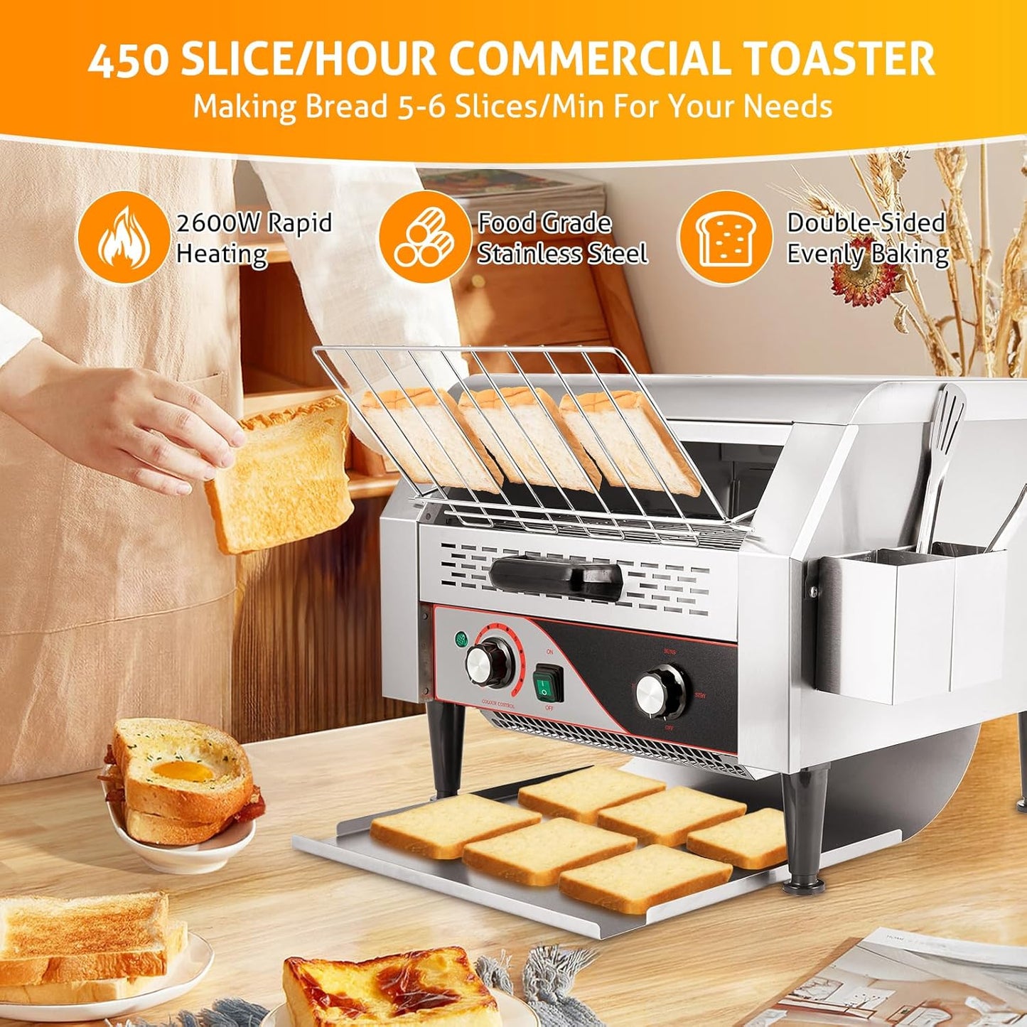 WICHEMI Commercial Toaster 450 Slices/Hour Commercial Conveyor Toaster Electric Stainless Steel Heavy Duty for Restaurant Bun Bagel Bread, 2600W
