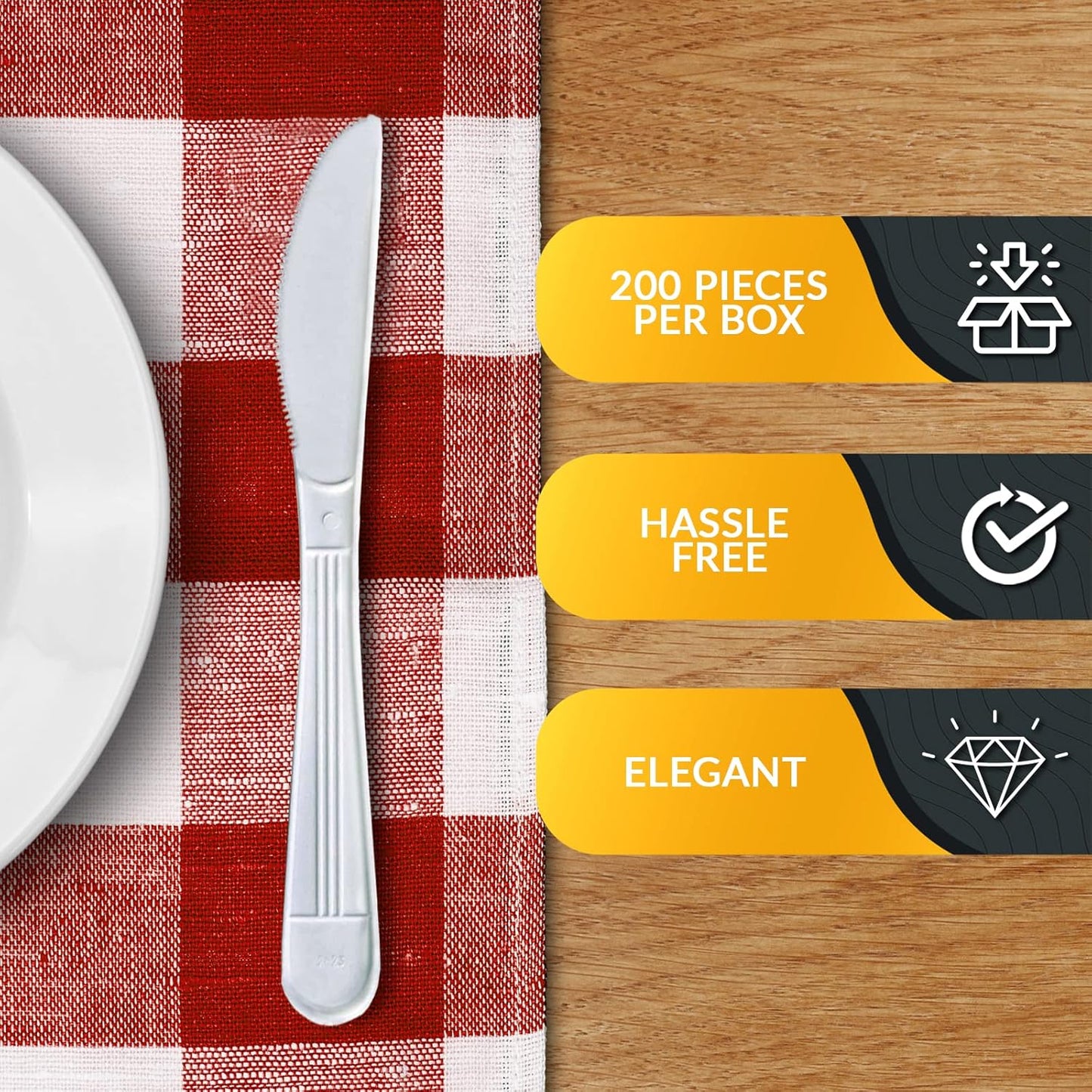 PAMI Heavy Weight Disposable Plastic Knives [200-Pack] - Bulk King Size Deluxe White Plastic Silverware For Parties, Weddings, Catering Food Stands, Takeaway- Heavy-Duty Single-Use Partyware Knives