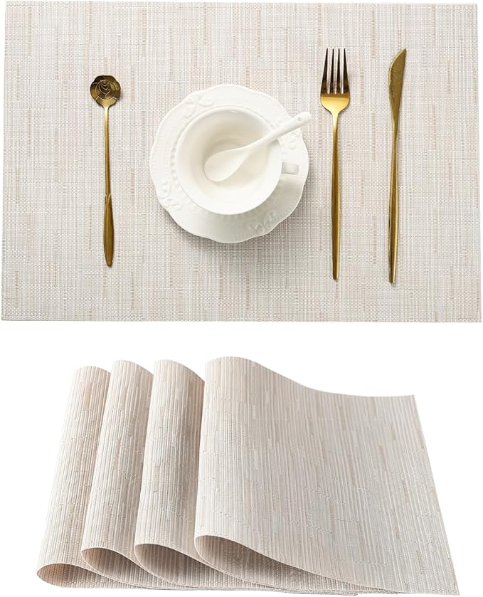 Leetaltree Pale Beige Placemats Set of 4 - Heat Resistant Non-Slip Place mats for Dining Table, Washable Durable PVC Vinyl Woven Table Mats（Pale Beige, 4）