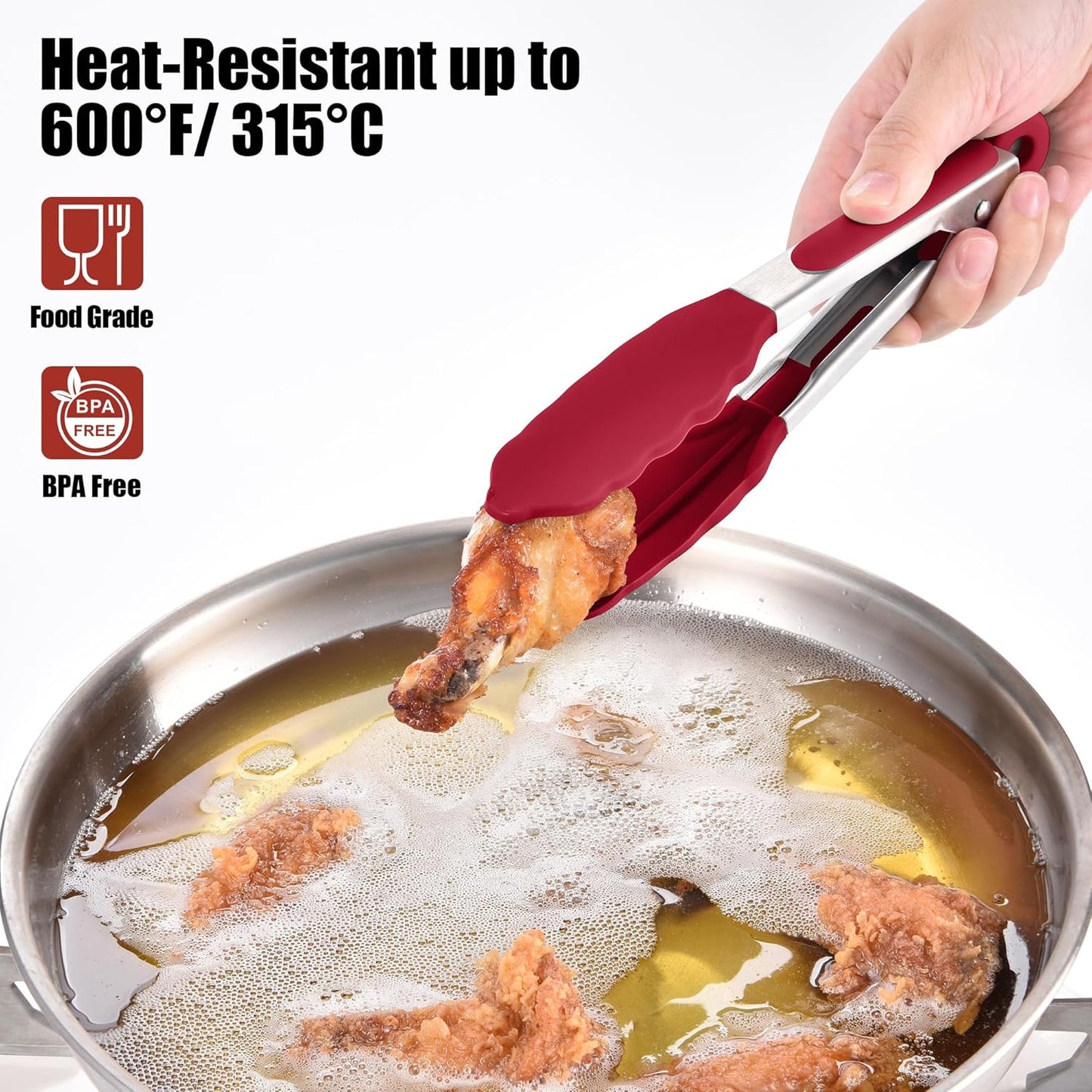 Doosu Kitchen Tongs for Cooking - 600°F Heat Resistant Food Tong with Non-Scratch Silicone Tips, Heavy Duty Stainless Steel Locking Tong for BBQ, Grilling Steak, Serving Salad, Pasta (7in, Red)