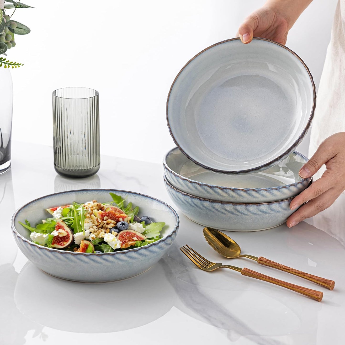 GBHOME 8.5'' Large Pasta Bowls, 38 Ounce Stoneware Salad Bowls for Kitchen, Ceramic Serving Bowls With Textured Pattern for Pasta,Fruit, Stews,Noodle, House-warming Gift,Set of 4