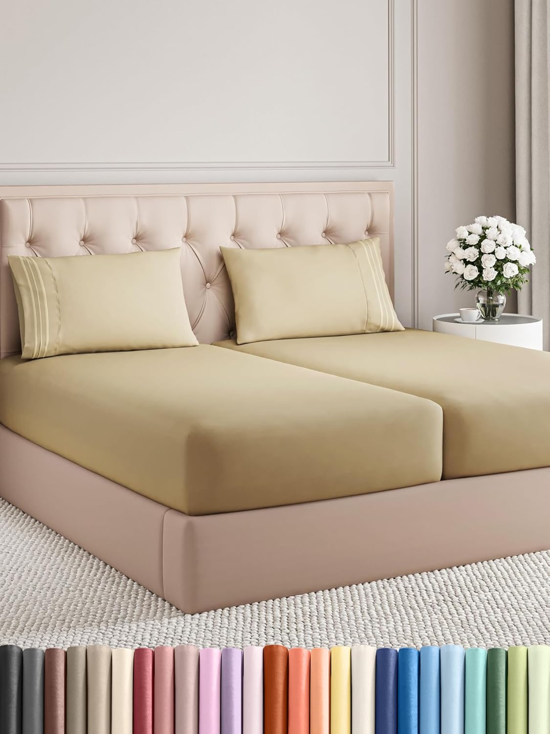 Split King Size 5 Piece Sheet Set - Comfy Breathable & Cooling Bed Sheets Set - Hotel Luxury Bedding for Women, Men, Kids, Teens, Boys & Girls - Deep Pockets, Soft and Wrinkle Free - Oeko-Tex - Beige