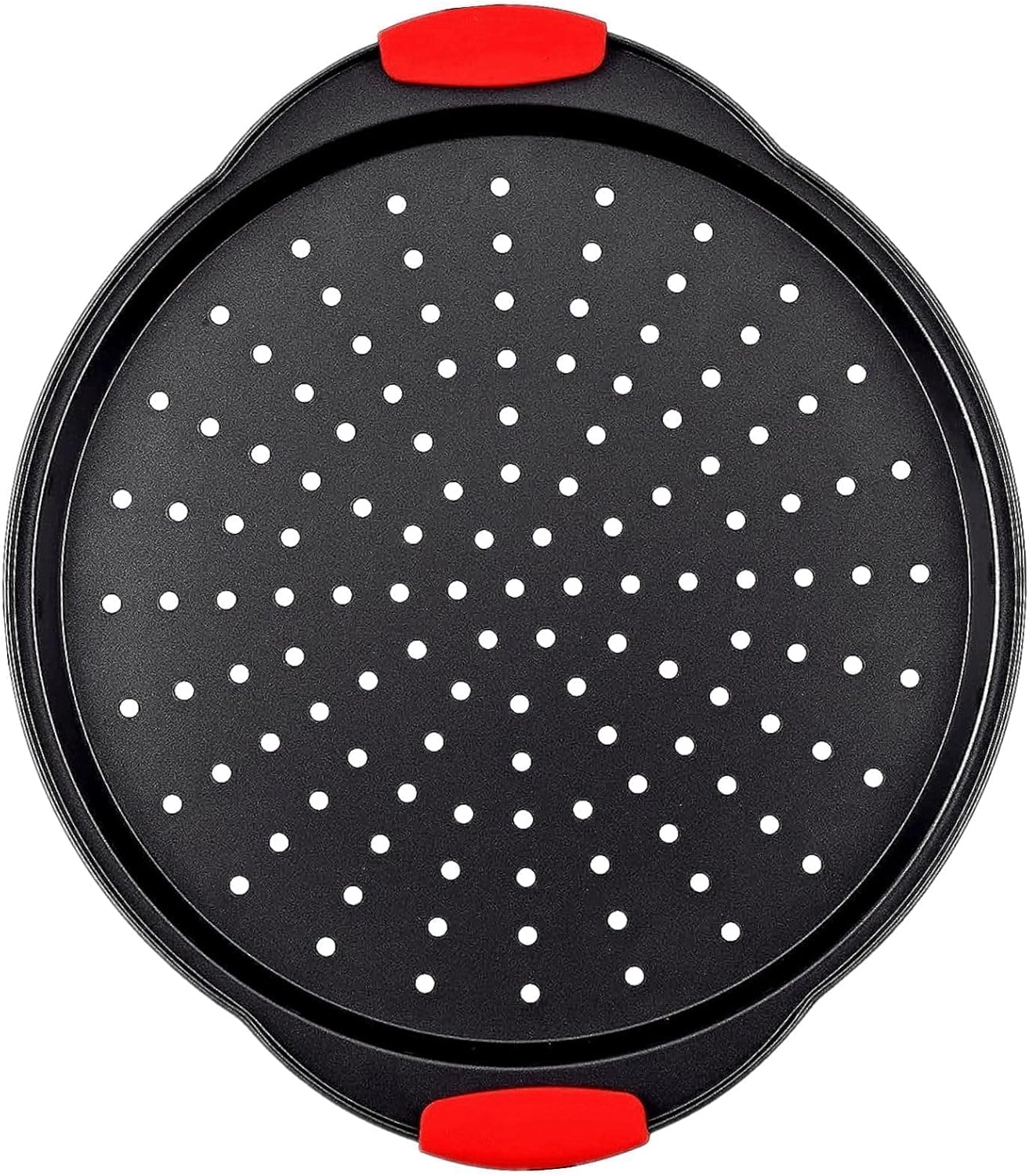 13 Inch Pizza Pan for Oven, Round Pizza Pan with Holes - Non-Stick Carbon Steel Pizza Tray with Silicone Handles - for Cooking, Baking, and Grilling - Dishwasher Safe