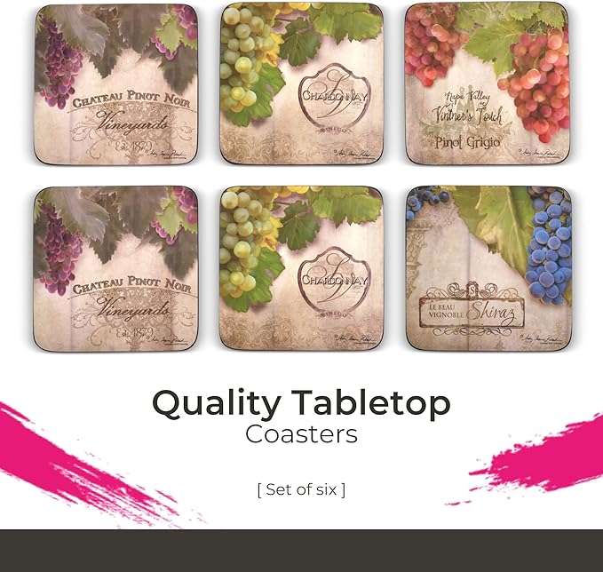 Pimpernel Portmeirion Toscana Coasters, Set of 4 – 4.25" Cork-Backed Boards Featuring Grape Artwork, Heat & Stain Resistant Lacquer Finish, Decorative Drink Mats for Wine Lovers & Coffee Tables