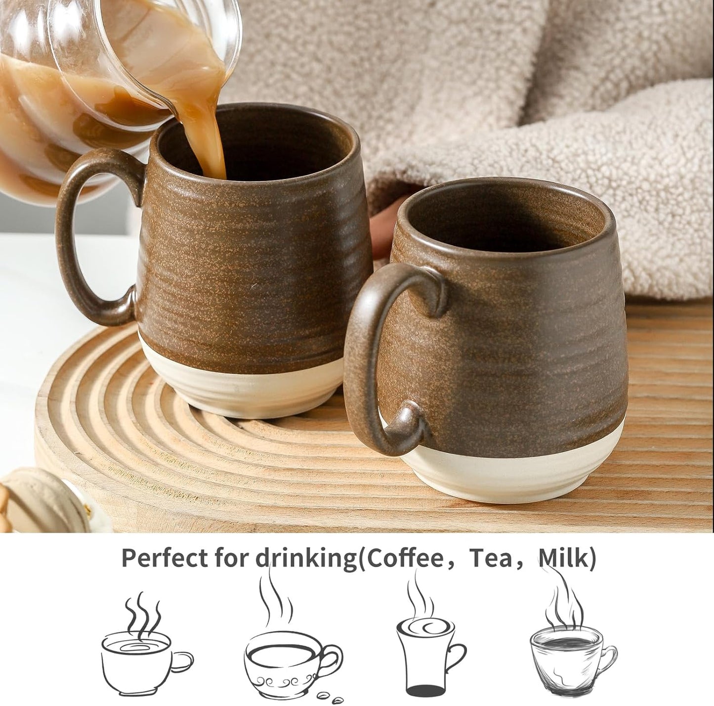 Hasense 20 oz Coffee Mugs, Large Tea Cups with Comfortable Handle Set of 2, Perfect for Coffee, Latte, Hot Cocoa, Dishwasher and Microwave Safe, Brown