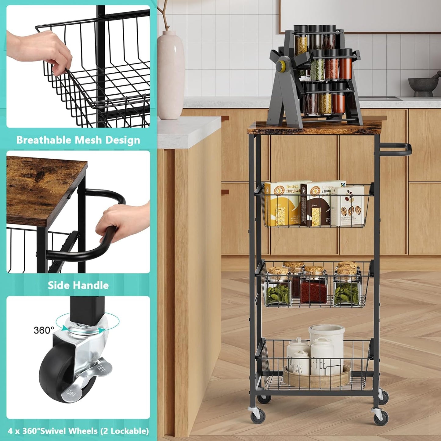 4 Tier Rolling Storage Cart, Kitchen Utility Storage Cart with Pull-Out Fruit Baskets, Mobile Pantry Cart with Wheels, Kitchen, Bathroom, Brown