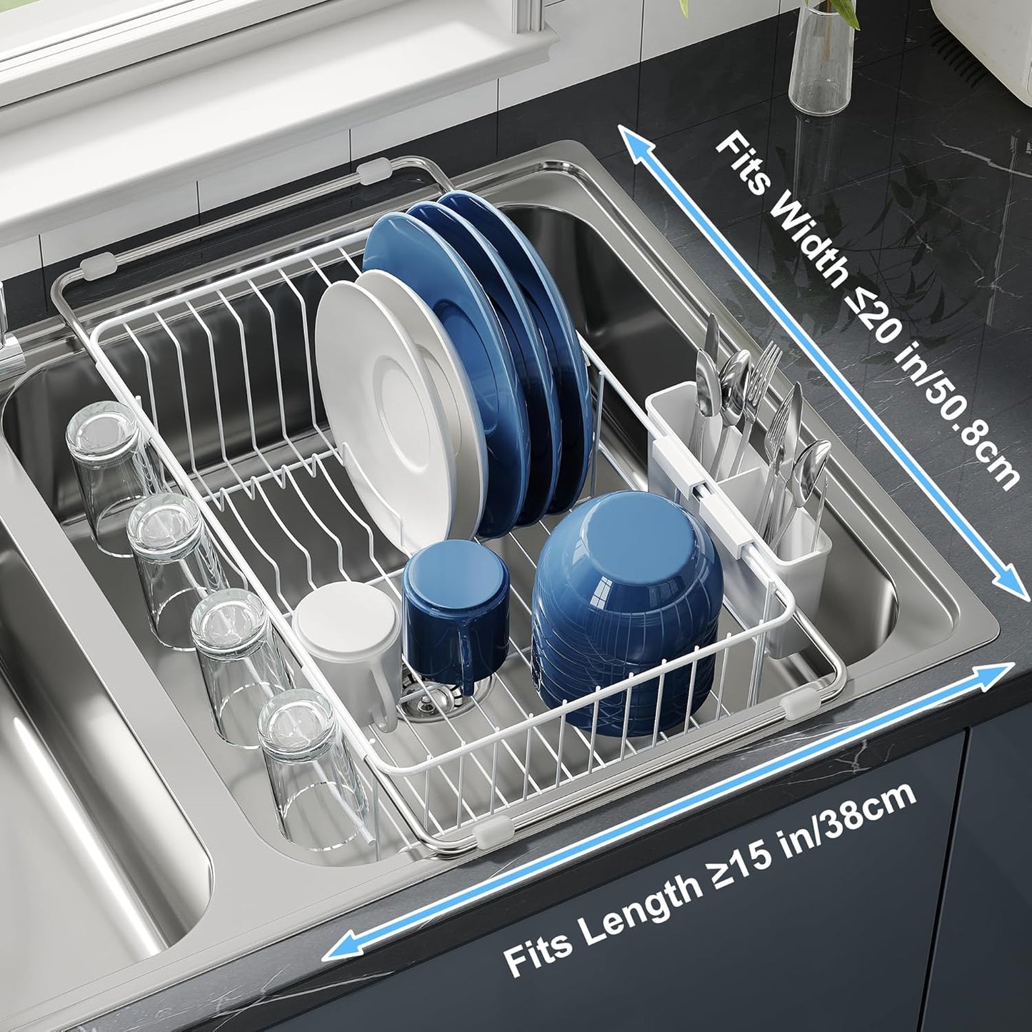 JASIWAY Dish Drying Rack in Sink, Small Dish Drainers for Inside Sink, Over The Sink Dish Racks, Stainless Steel Drying Rack with Utensil Holder, White