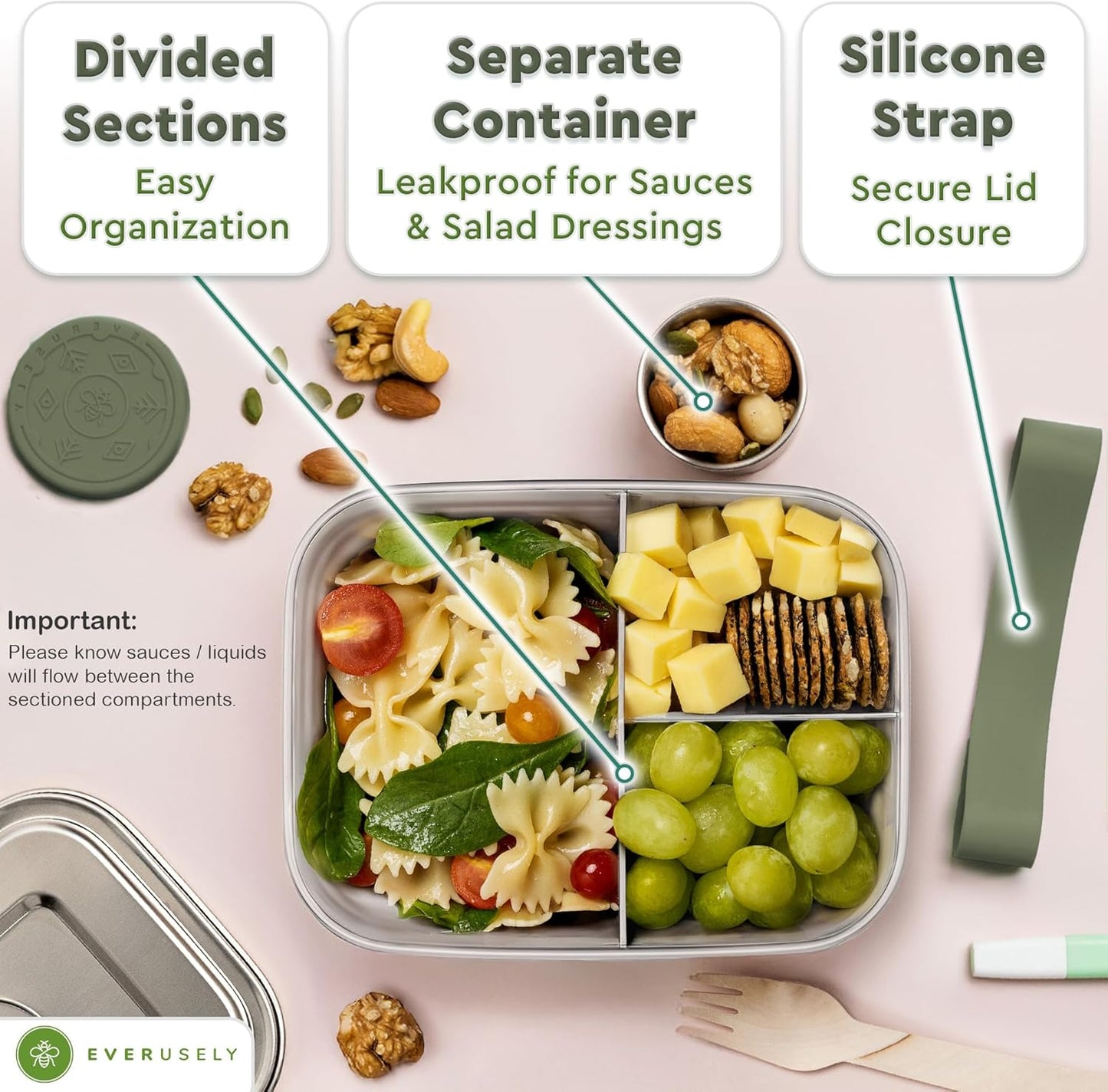 Everusely - Bento Box - Sage, 37oz / 1.1 L - Stainless Steel Lunch Box with Leakproof Condiment Container - 3 Compartment Snack Organizer for On the Go Meals - Freezer & Dishwasher Safe