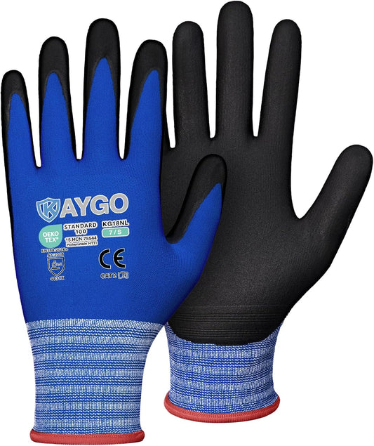 KAYGO Safety Work Gloves MicroFoam Nitrile Coated, 3 Pairs, KG18NB,Seamless Knit Nylon Glove with Black Micro-Foam Nitrile Grip,Ideal for General Purpose,Automotive,Home Improvement,Blue,S