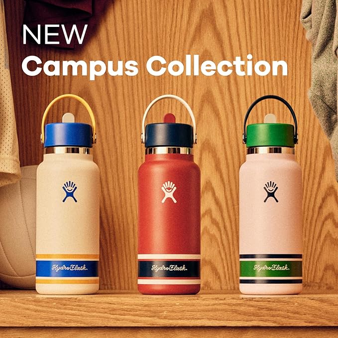 Hydro Flask Water Bottle - Insulated Stainless Steel - Wide Mouth Flex Straw Lid, Non Spill, Leakproof and Refillable in 32 Oz Campus Ivory