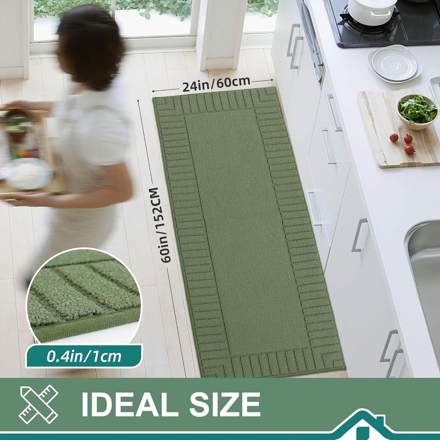 BEQHAUSE-Kitchen-Rugs-Non Slip-Kitchen-Mats-for-Floor Machine Washable Kitchen Rugs Absorbent Kitchen Carpet with TPR Non Skid Backing,Green, 24”x60”