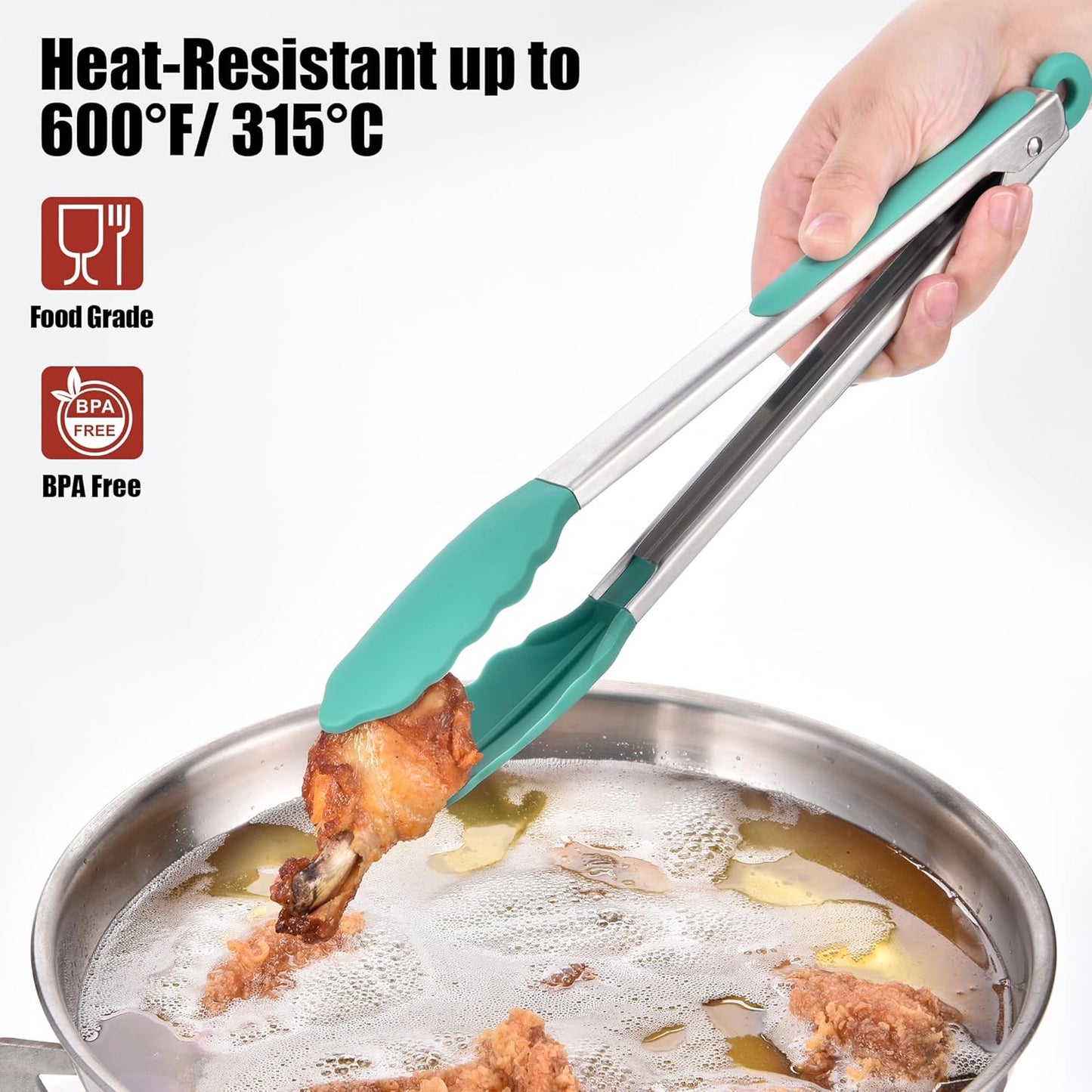 Doosu Kitchen Tongs for Cooking - 600°F Heat Resistant Food Tong with Non-Scratch Silicone Tips, Heavy Duty Stainless Steel Locking Tong for BBQ, Grilling Steak, Serving Salad, Pasta (12in, Aqua Sky)