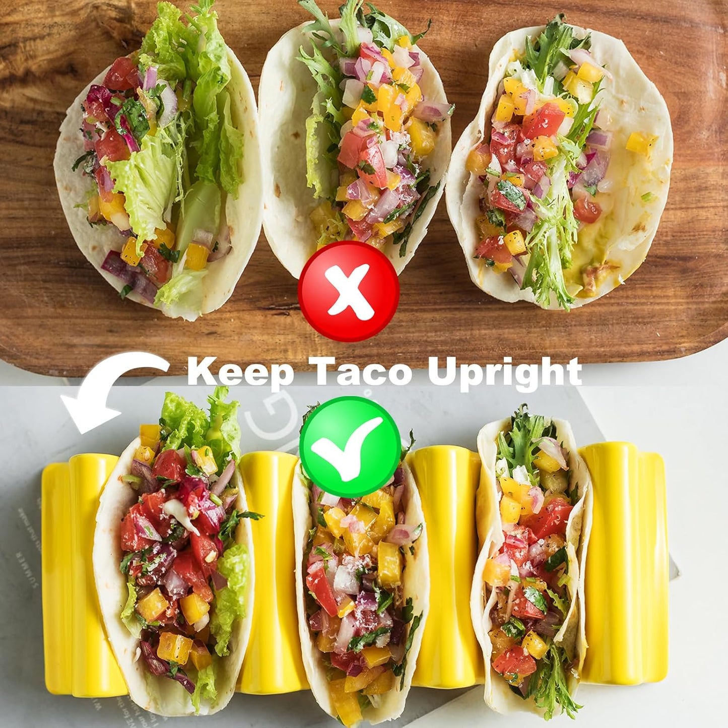 Large Taco Holder Stand, Porcelain Taco Tray with Handles Set of 2 - Perfect for Burritos and Tortillas Holder, Soft or Hard Taco Shell Holder, Keeping Shells Upright - Oven and Grill Safe, Yellow