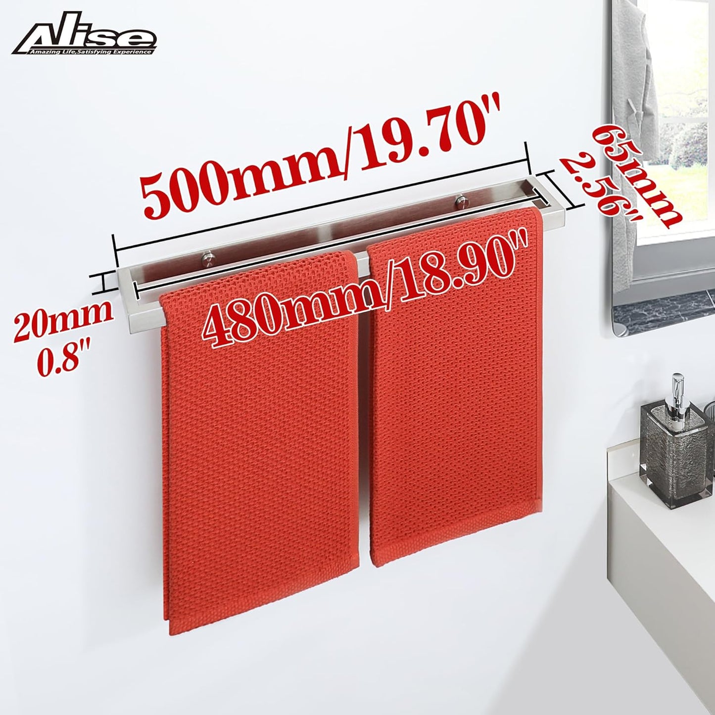 Alise Bath Towel Bar,Wall Mount Towel Holder Towel Rack Towel Hanger for Bathroom Lavatory,20 Inch SUS304 Stainless Steel Towel Rail,Brushed Finish,GJF050-LS