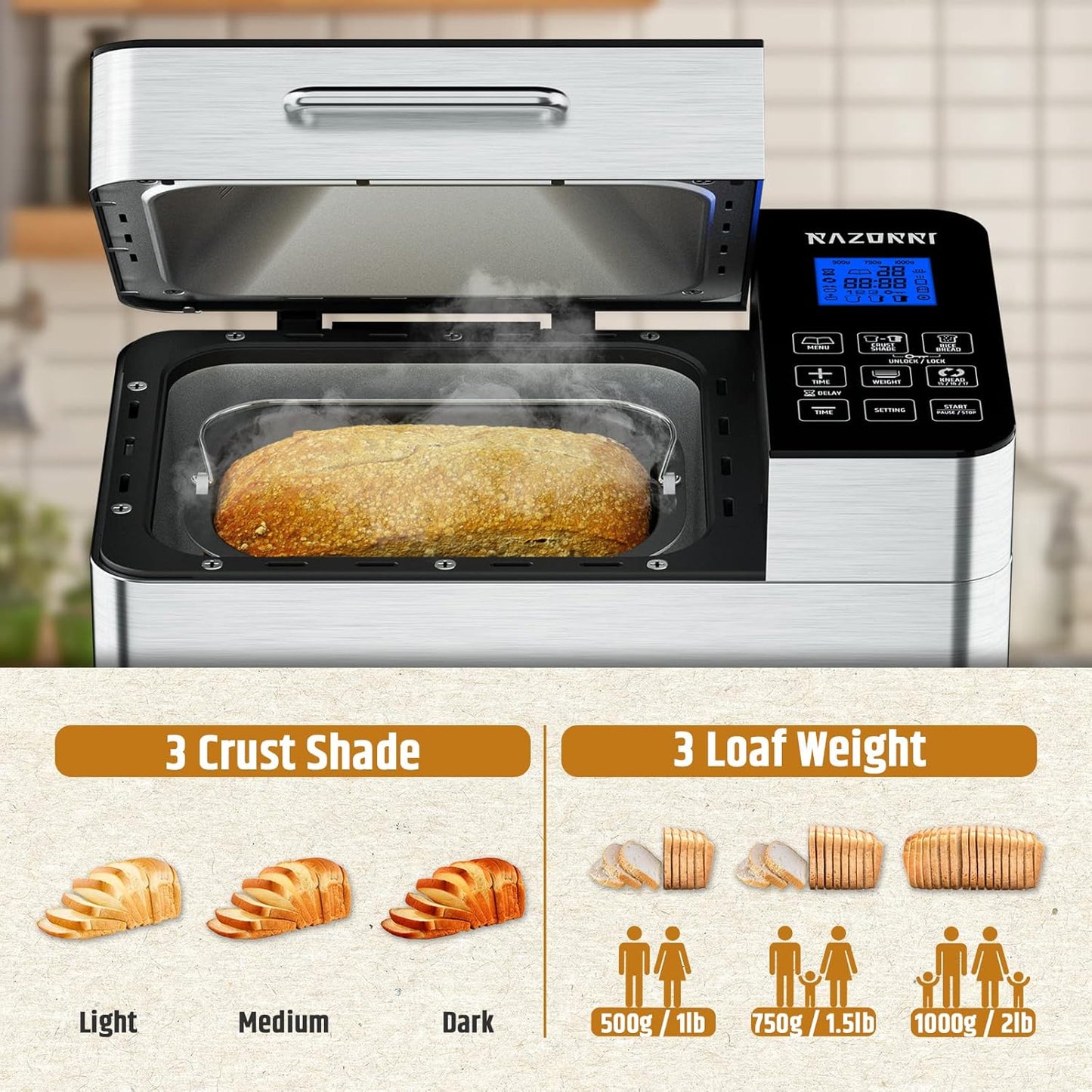 Razorri Bread Maker Machine Stainless Steel UL Certified, Nonstick Bread Pan, Homemade 2Lbs Breadmaker, Gluten-Free Setting, 15H Delayed-start, 1H Keep Warm, 3 Crust Colors and 3 Loaf Sizes