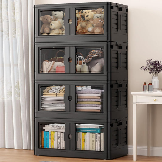 460Qt Stackable Storage Bins with Individual Lids & Wheels, Large Plastic Collapsible Latching Boxes Closet Organizers and Storage Cabinet Shelves Units for Home Kitchen Dorm, 4-Pack Black