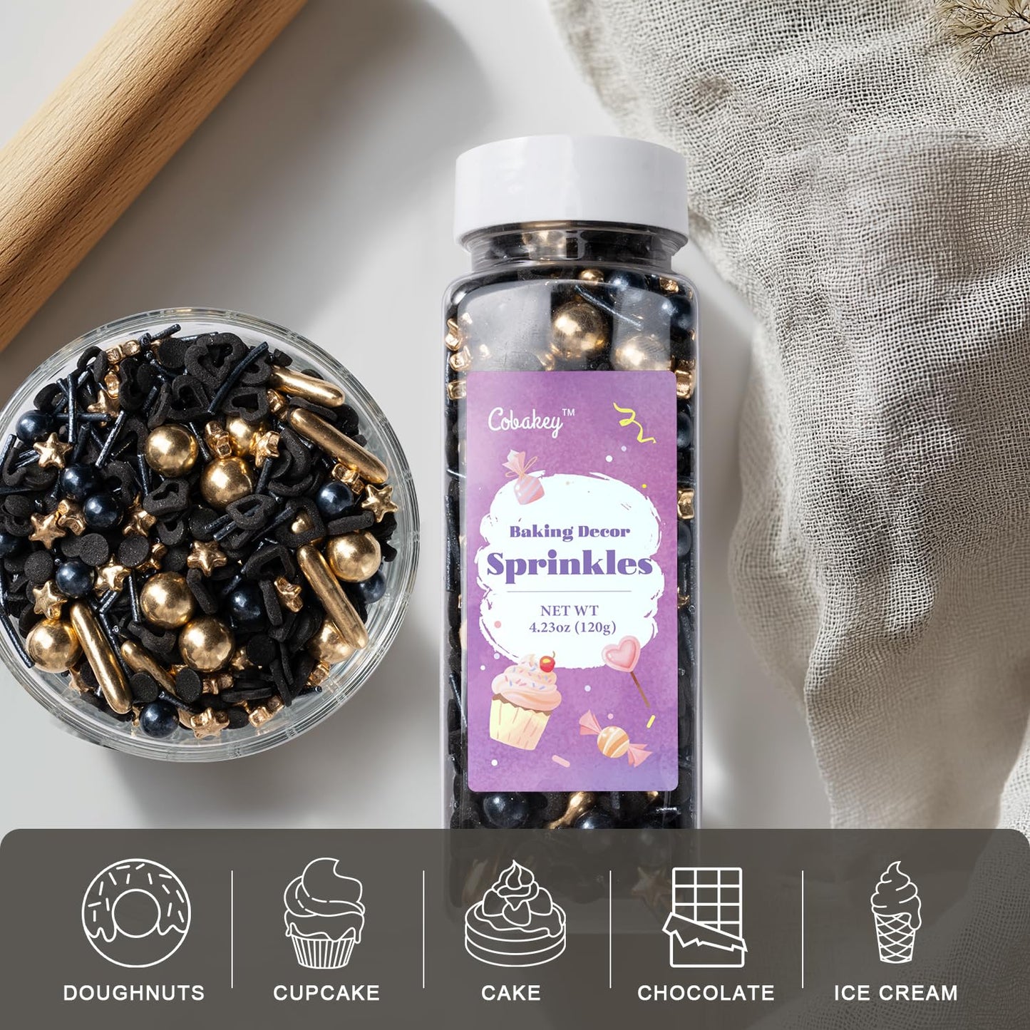 Black & Gold Star Sprinkles for Cake Decorating 4.23ounce - Sugar Mix Contains Gold Star & Pearl Sprinkles for Cupcake Toppers, Ice Cream, Candy, Cookie Decorations - Wedding Party Supplies