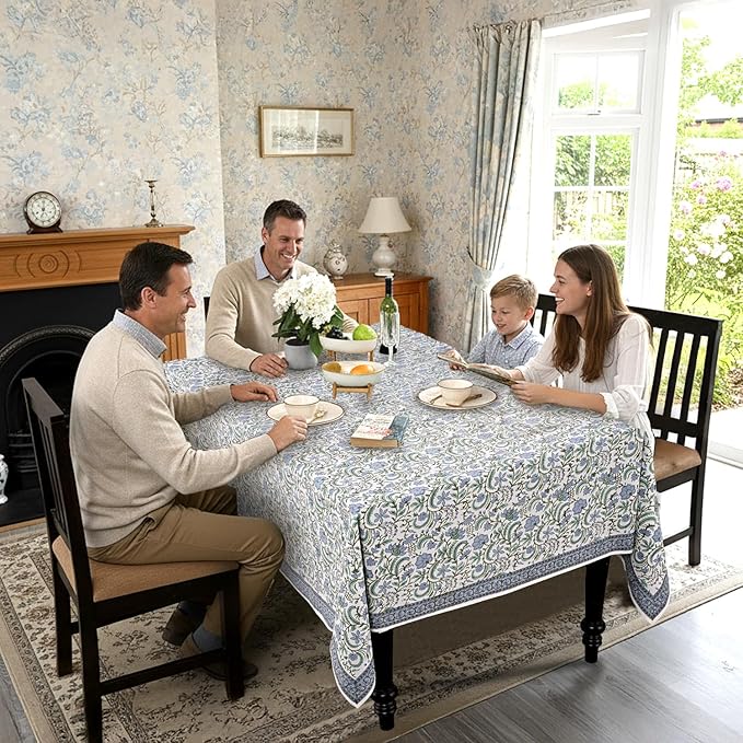 Ridhi Columbia Blue Hand Block Print Cotton Rectangle Tablecloth 140 x 72 inches Reusable Table Cover Decorative Everyday Use for Dining Room, Farmhouse, Home, Party, Festive & Wedding, Fall