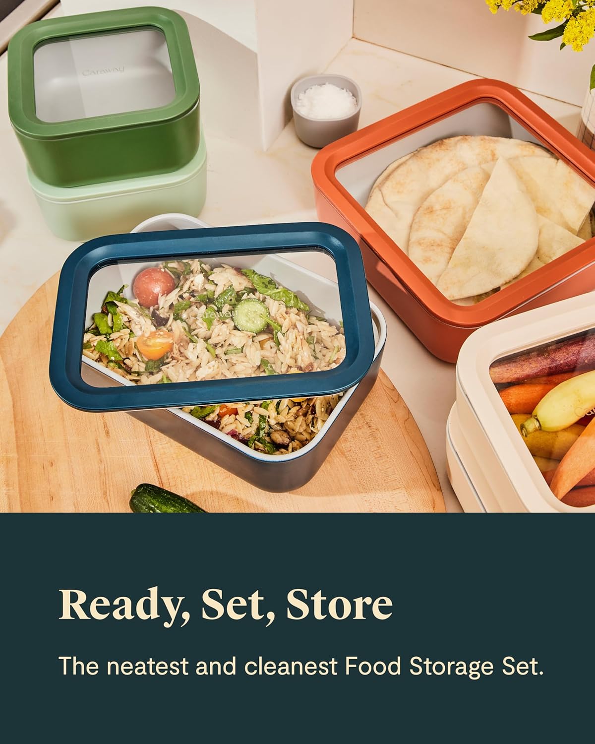 Caraway 14pc Glass Food Storage Container Set - Easy to Store, Non Toxic Lunch Box - with Glass Lids - Includes Storage Organizer & Dot & Dash Inserts - Navy