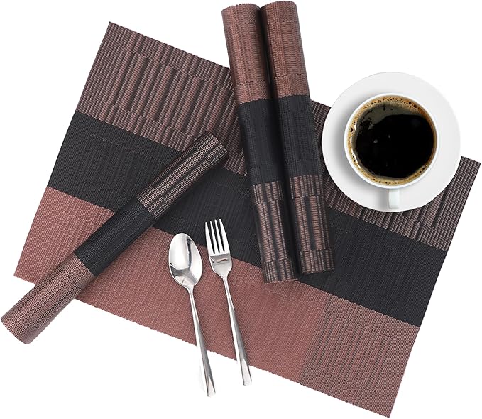 Dark Brown Placemats Set of 6-Durable PVC Vinyl Woven Place Mats for Dining Table Heat Resistant Non-Slip Washable Indoor/Outdoor Table Mats 12 x 17 inch