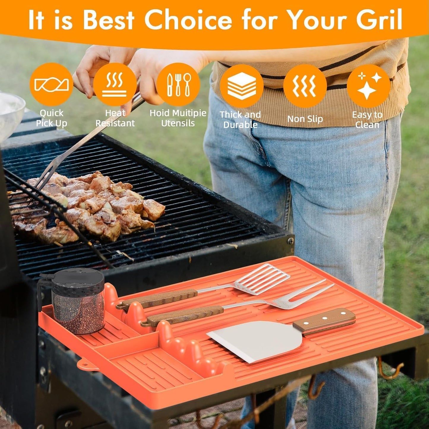 Griddle Mat Compatible with Blackstone, Silicone Grill Tools with Drip Pad, Spatula Mat for Outdoor Grill, Side Shelf Pad (Orange-2Pcs)