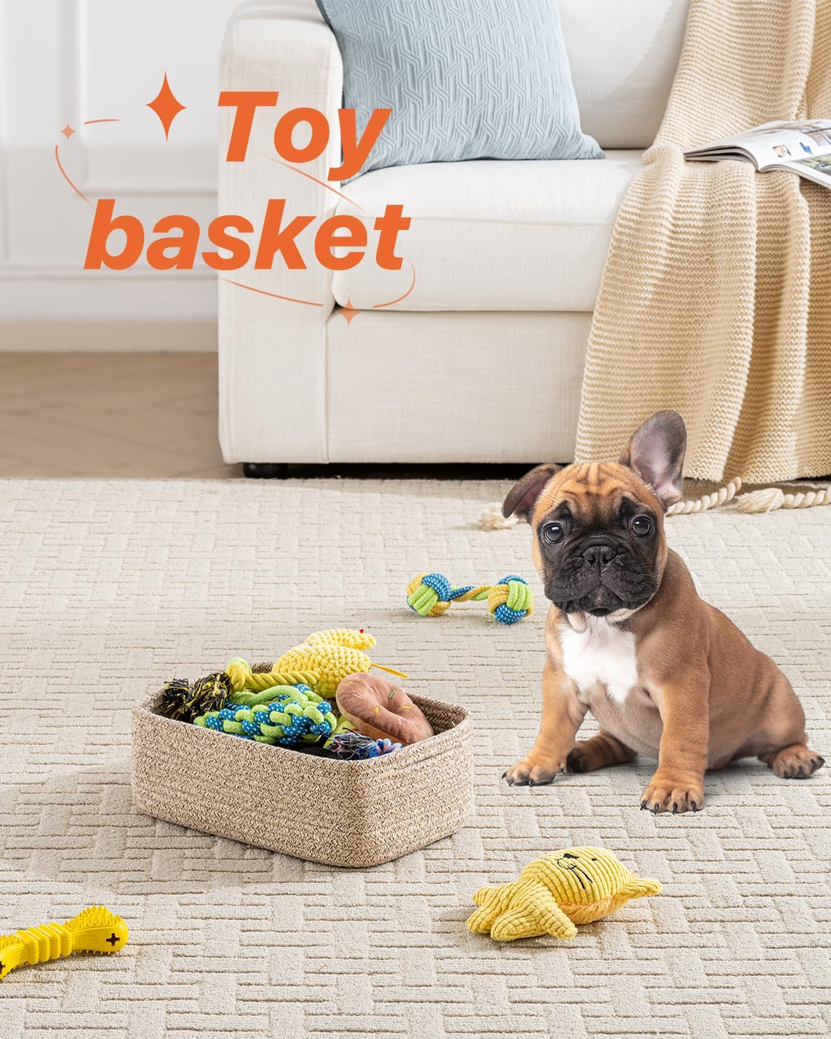 Small Woven Basket, 12 x 8 x 4.5 Inches, Storage Basket for Organizing, Cute Small Rope Shelf Closet Cube Storage Bins Baskets for Shelves, Dog Toy Gift Baskets Empty, 3 Packs, Mixed Brown