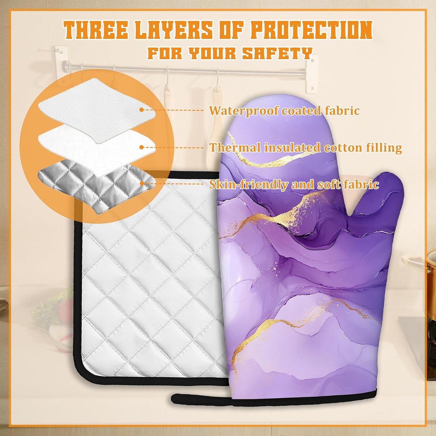 Marble Oven Mitts and Pot Holders Set,Purple Gold Marble Kitchen Decor Heat Resistant Non Slip Hot Pads and Oven Mitt for Chef Cooking Baking BBQ Mom Girl Gifts(4 Piece Set)