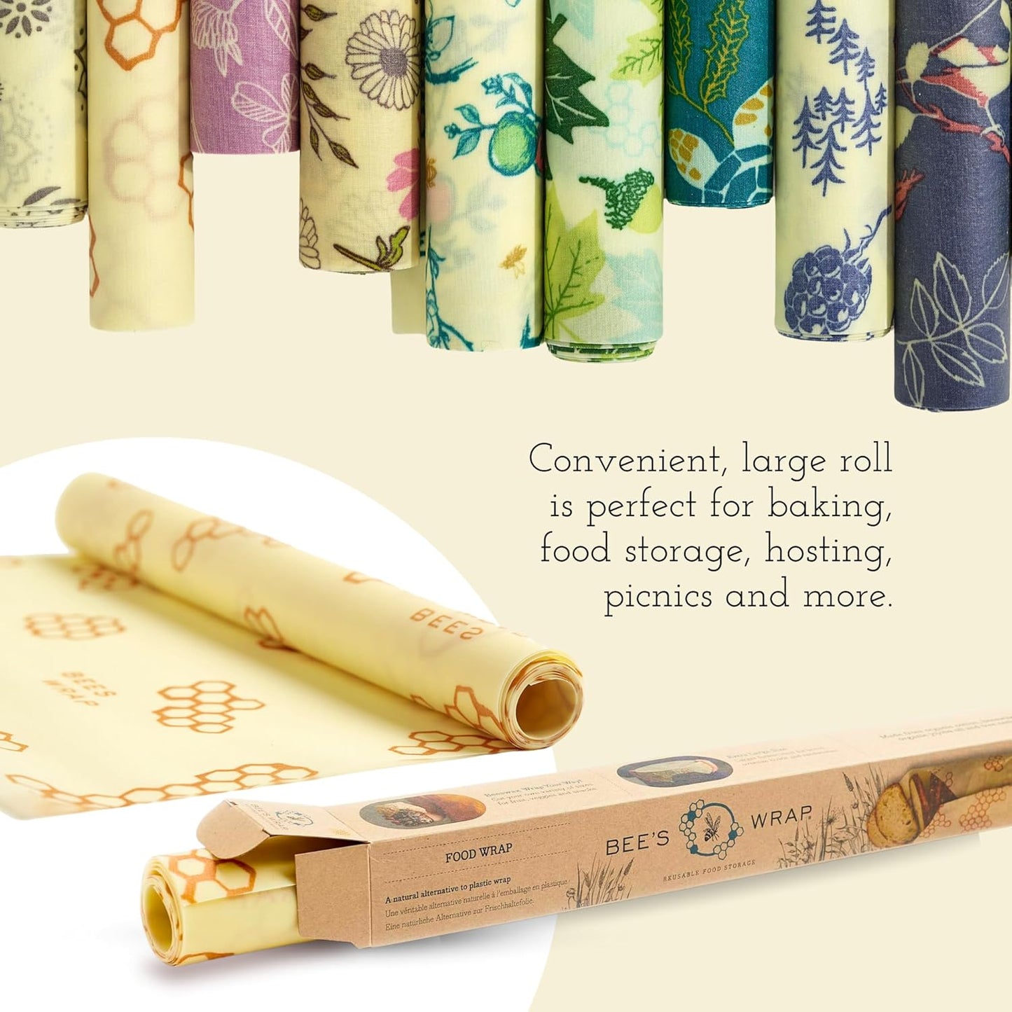 Bee's Wrap Beeswax Wraps for Food - Botanical Cut to Size 14x52" Wax Paper Roll - Made in USA Reusable Waxed Paper & Bowl Covers - Organic & Eco-Friendly Alternative to Aluminum Foil & Plastic Wrap