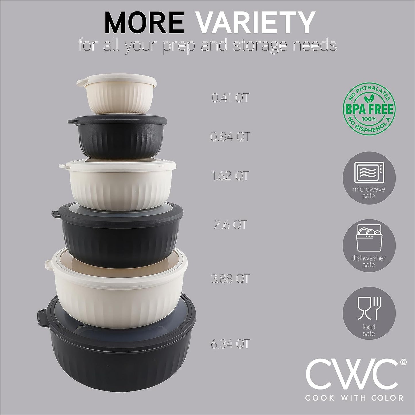 COOK WITH COLOR Prep Bowls with Lids- Wide and Deep Nesting Plastic Small Mixing Bowl Set with Lids, 12 Piece Set - Wide Bowls, Speckled Black