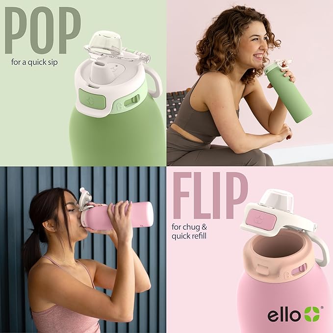 Ello Pop & Fill Stainless Steel Water Bottle with Quick Fill Technology, Double Walled Vacuum Insulated Metal, Leak Proof Locking Lid, Sip & Chug, BPA Free, Holiday Gift for Him Her, 22oz, 32oz, 40oz