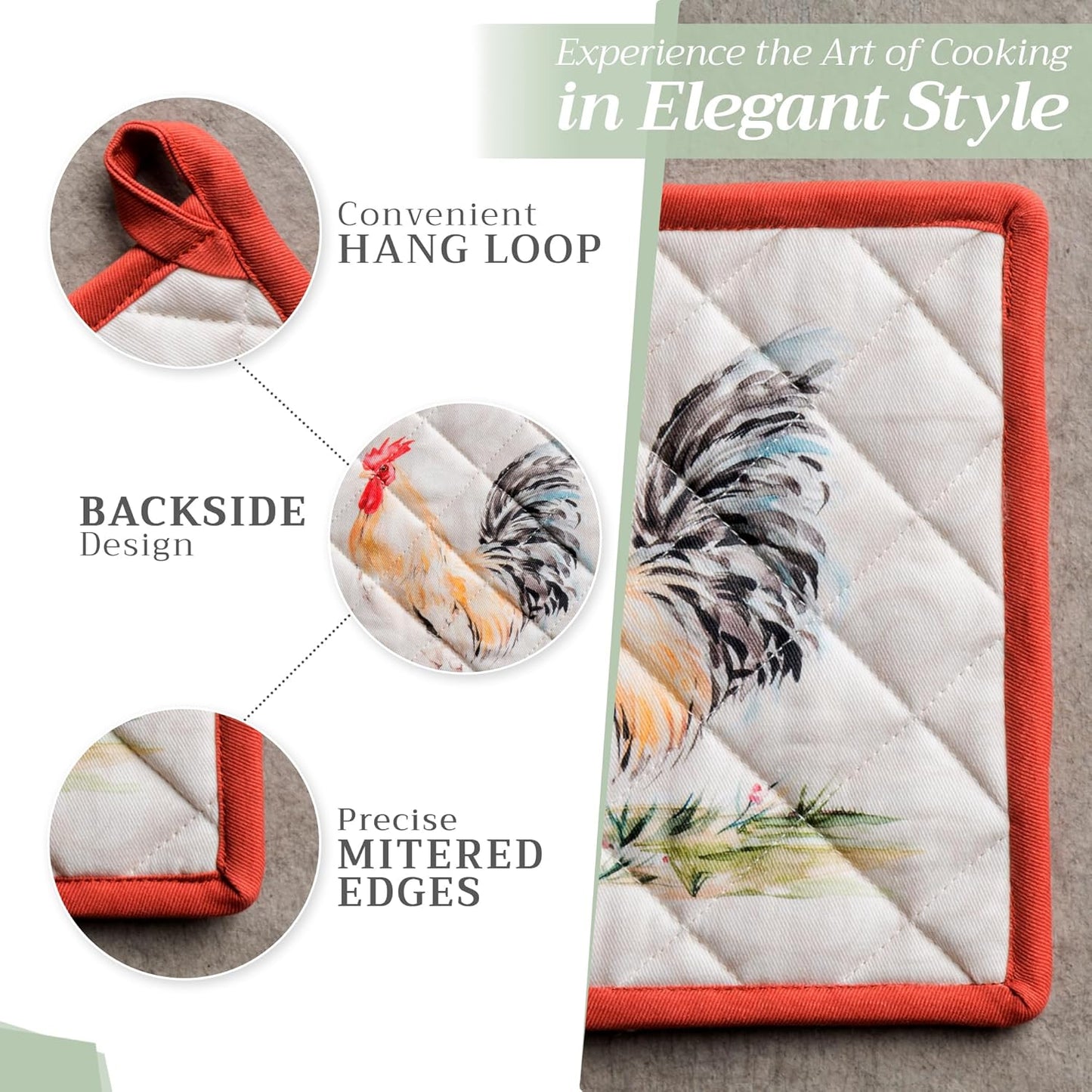 Maison d' Hermine Pot Holders Set 100% Cotton Heat Resistant Potholders 8" x 8" Hot Pads with Loop BBQ, Cooking, Baking, Grilling, Kitchen, Handling Hot Pans Spring/Summer (Pack of 2, Campagne)