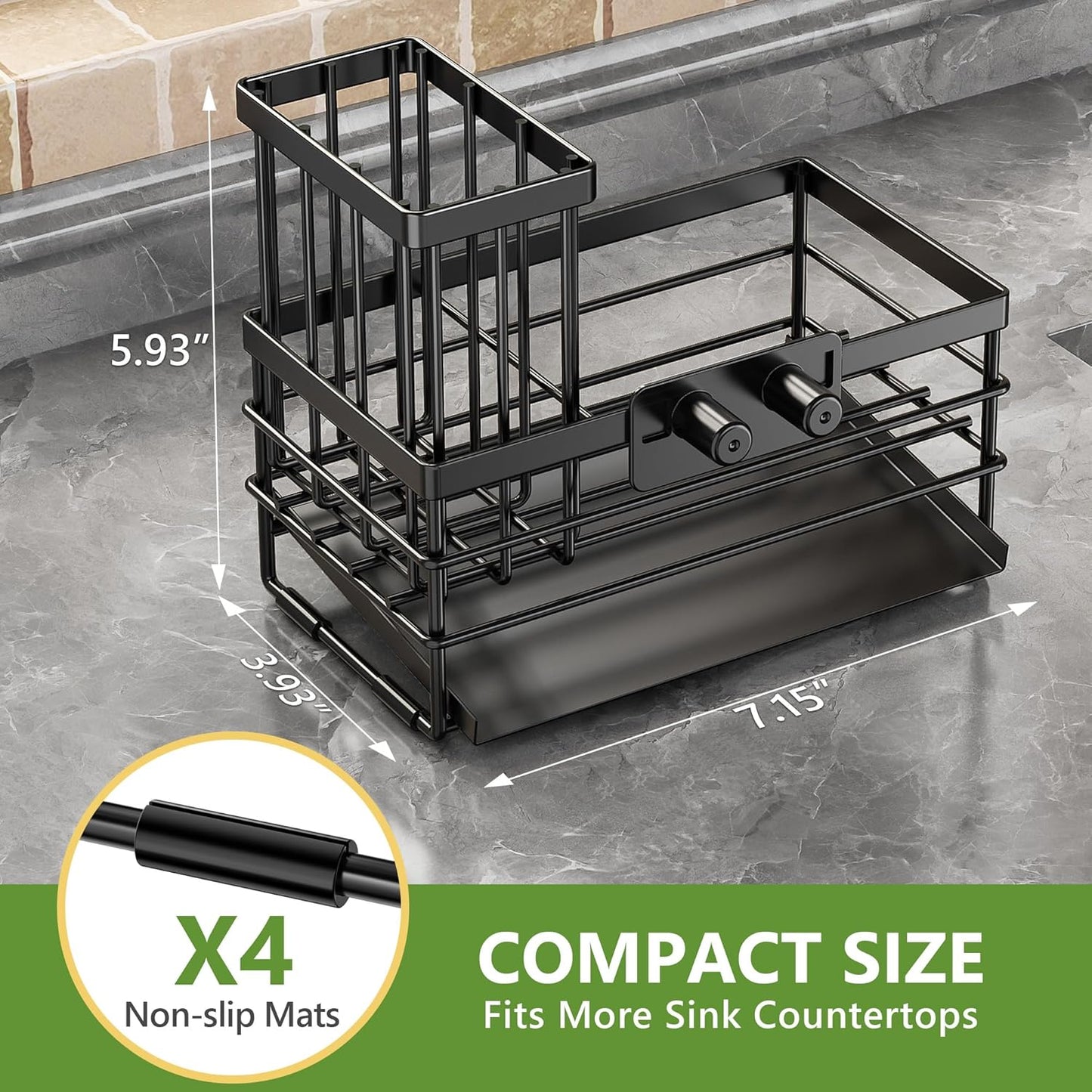 Cisily Sink Caddy with Smiley Face Sponge Holder for Kitchen with Brush Holder and Stainless Steel Self Drain Tray, Rustproof Kitchen Sink Organizer, Soap Dispenser Storage Accessories (Black)