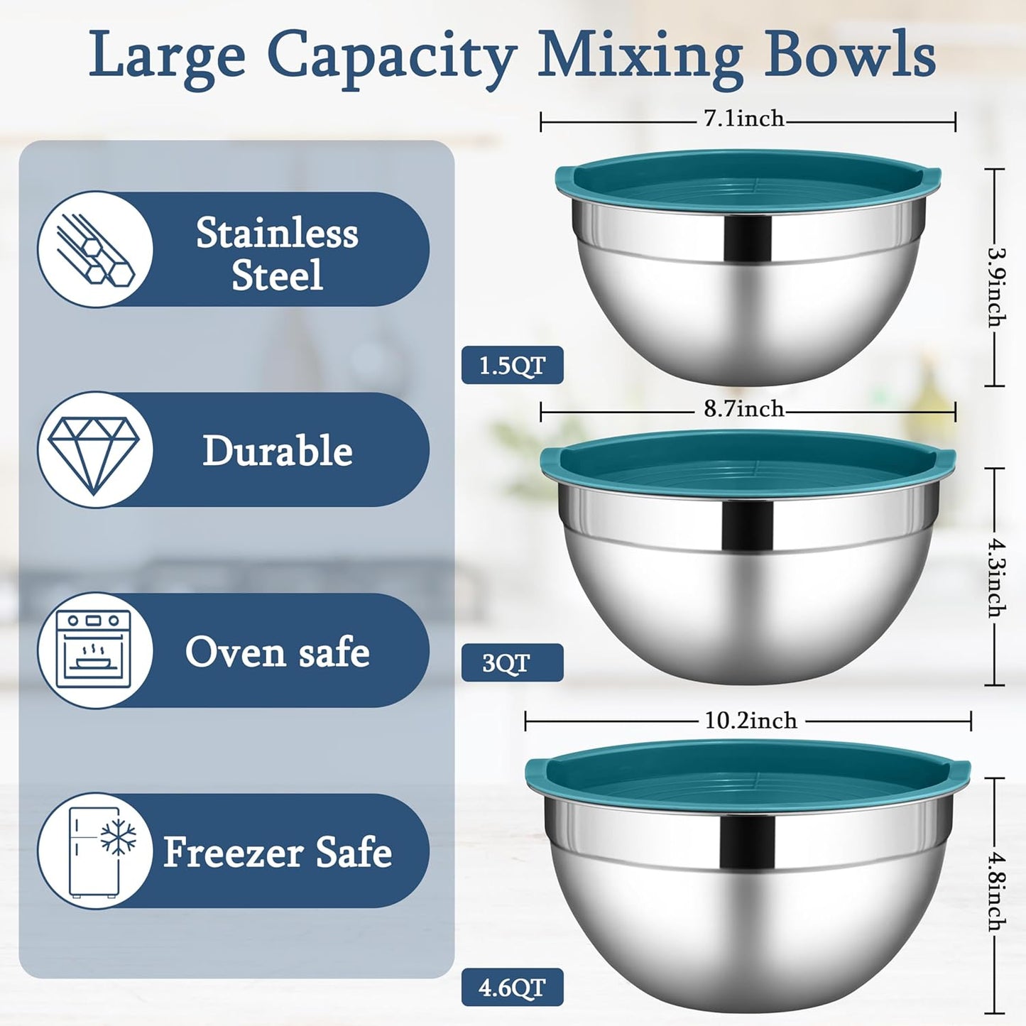 LIANYU Mixing Bowls Set with Airtight Lids, Stainless Steel Large Metal Kitchen Bowls Set of 3, Dishwasher & Freezer Safe, 1.5QT & 3QT & 4.6QT, Blue