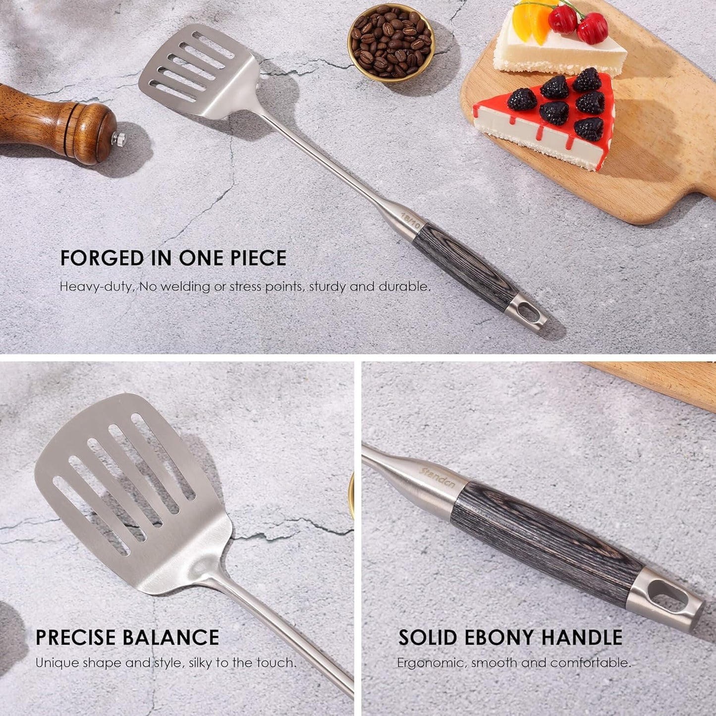 18/10 Stainless Steel Kitchen Utensils Set with Wooden Handle, 8Pcs 15” Long Cooking Utensil Set & Kitchen Gadgets Cookware Set, Serving Utensils-Spatula, Turner, Pasta, Serving Spoon, Skimmer, Ladle