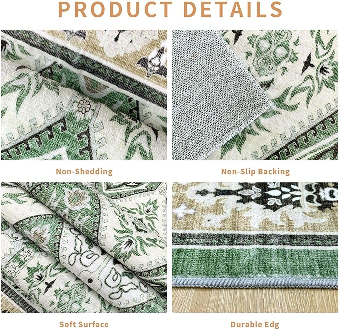 Area Rug for Living Room - Vintage Indoor Machine Washable Rug for Bedroom Dinning Room Floor - Soft Low-Pile Carpet Non-Slip Backing Floral Rugs Office (Green, 8' × 10')