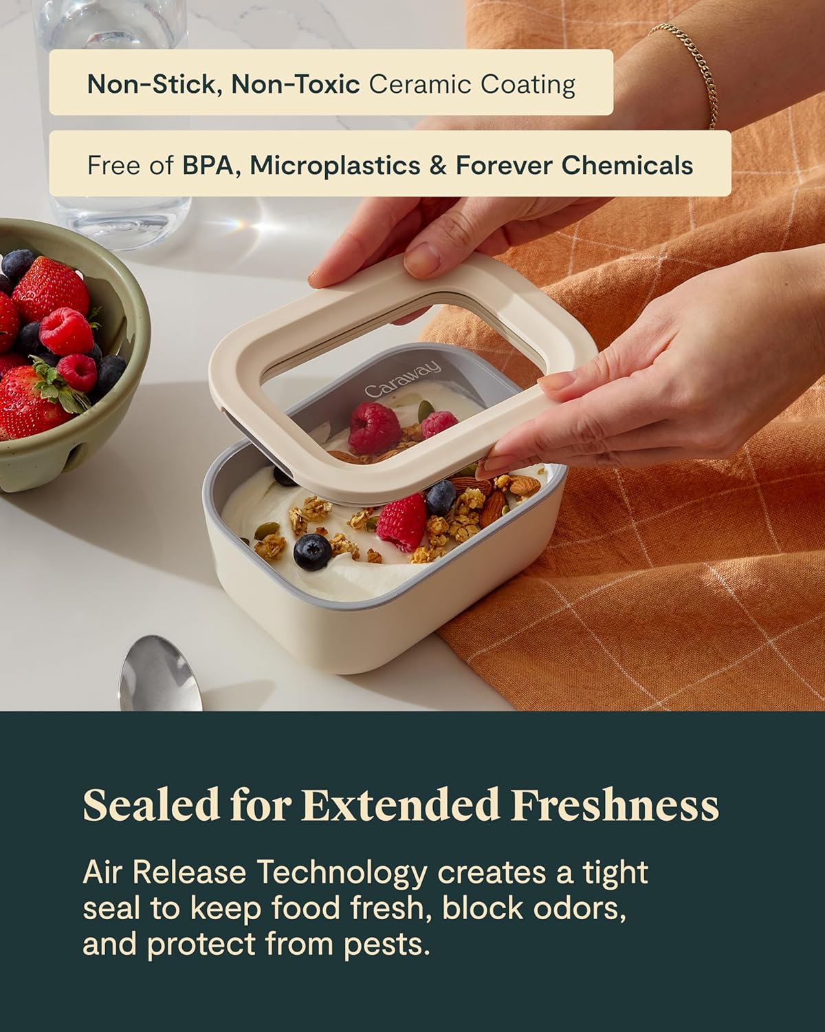 Caraway 2pc Glass Food Storage Set - 2.6 Cup Food Containers (2) - Non-Toxic Ceramic-Coated Glass - Air Release Technology - Compact & Stackable Design - Cream