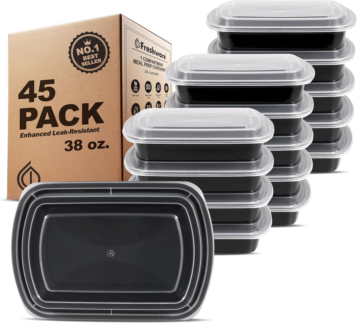 Freshware Meal Prep Containers [45 Pack] 1 Compartment with Lids, Food Storage Containers, Bento Box, BPA Free, Stackable, Microwave/Dishwasher/Freezer Safe (38 oz)