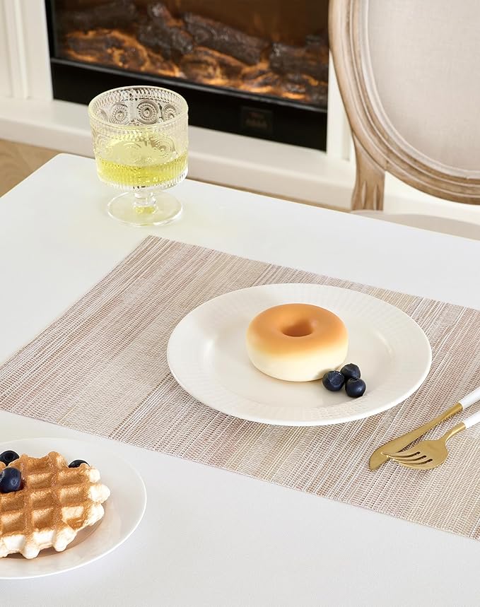 Leetaltree Lightsteel Beige with Yellow Placemats Set of 8 - Heat Resistant Non-Slip Place mats for Dining Table, Washable Durable PVC Vinyl Woven Table Mats (Lightsteel Beige with Yellow, 8)