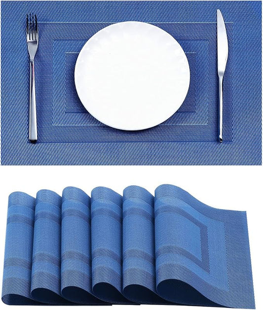 Leetaltree Blue Frame Placemats Set of 6 - Heat Resistant Non-Slip Place mats for Dining Table, Washable Durable PVC Vinyl Woven Table Mats（Blue Frame, 6）