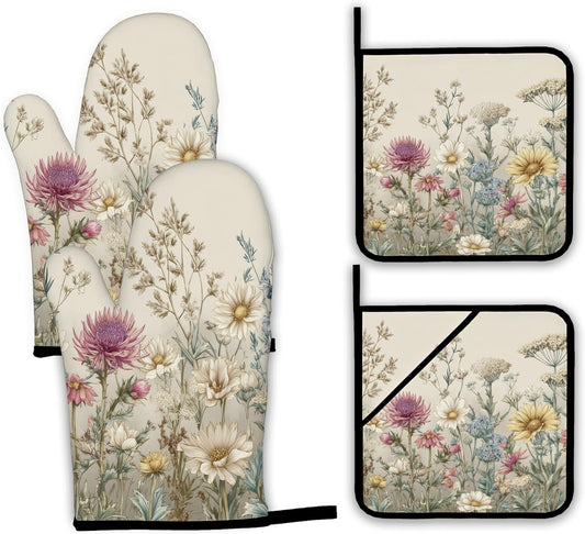 Vintage Wildflowers Oven Mitts and Pot Holders,Floral Botanical Herbs Heat Resistant Oven Mitts Gloves and Pot Holder for Home Kitchen Decorations Cooking Baking BBQ Gifts,Set of 4