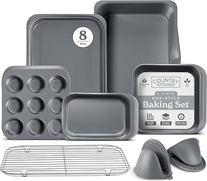 Country Kitchen Nonstick Stackable Bakeware Set - Deluxe Heavy Duty, Durable, Easy Release Baking Set, 8 Pcs, Grey