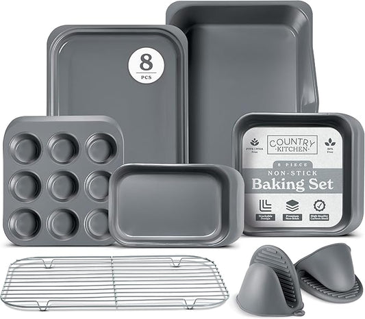Country Kitchen Nonstick Stackable Bakeware Set - Deluxe Heavy Duty, Durable, Easy Release Baking Set, 8 Pcs, Grey