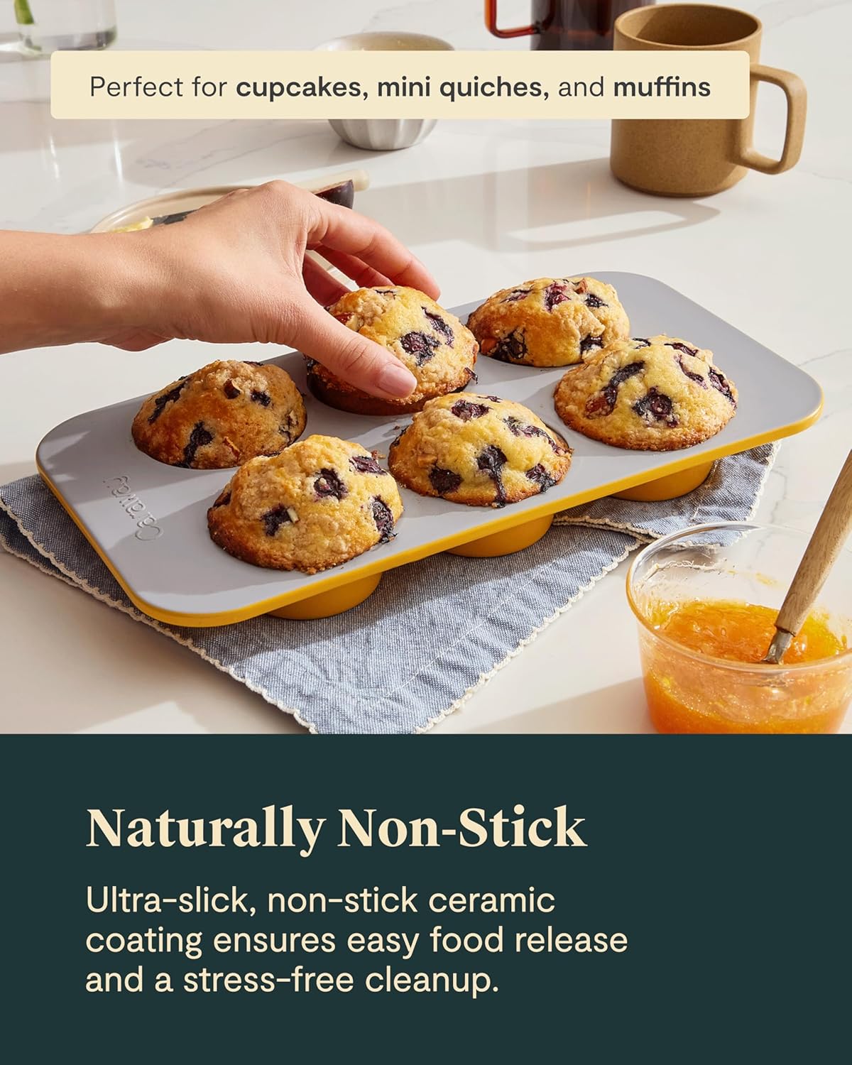 Caraway Nonstick Ceramic 6 Cup Muffin Pan – Non-Toxic, PTFE & PFOA Free – Oven Safe – Aluminized Steel Core – Small Muffin Pan for Baking Cupcakes, Muffins & More - Navy
