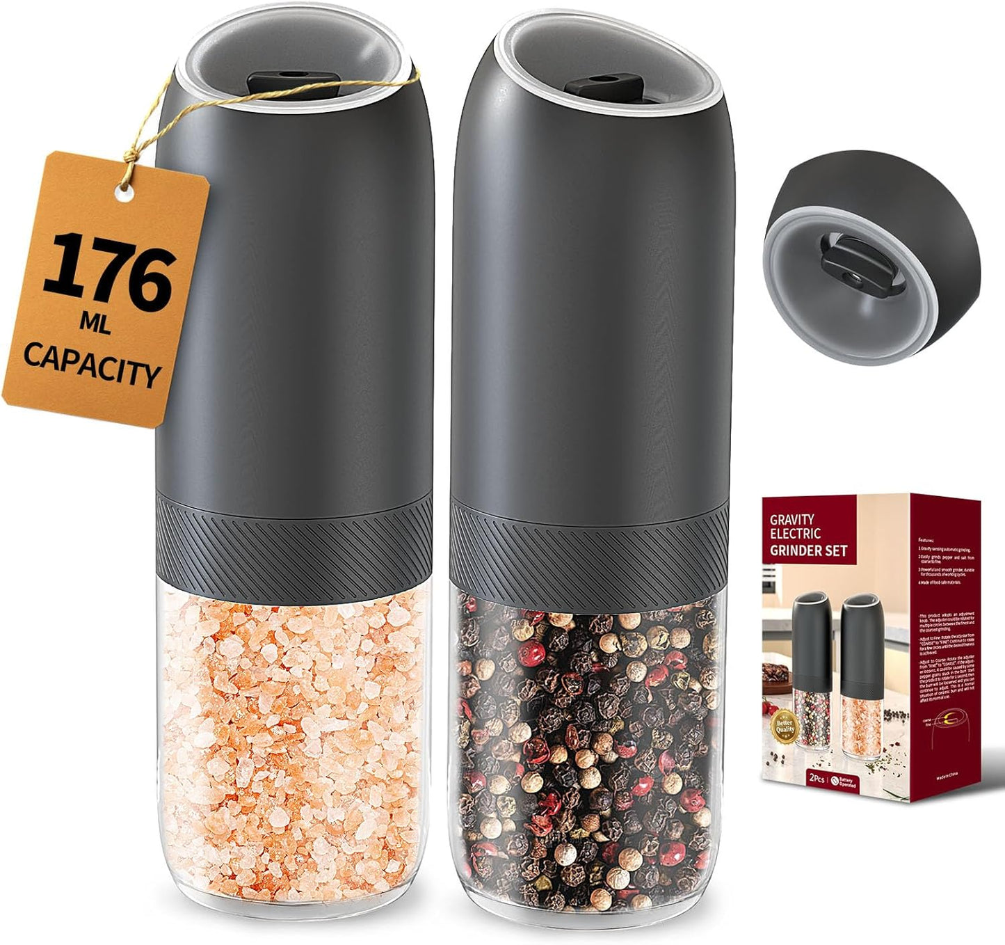 CIRCLE JOY Gravity Electric Salt and Pepper Grinder Set Battery Powered Automatic Pepper Mill Grinders with 176ml Container, Adjustable Coarseness, Bright LED Light and One Hand Operation, Black