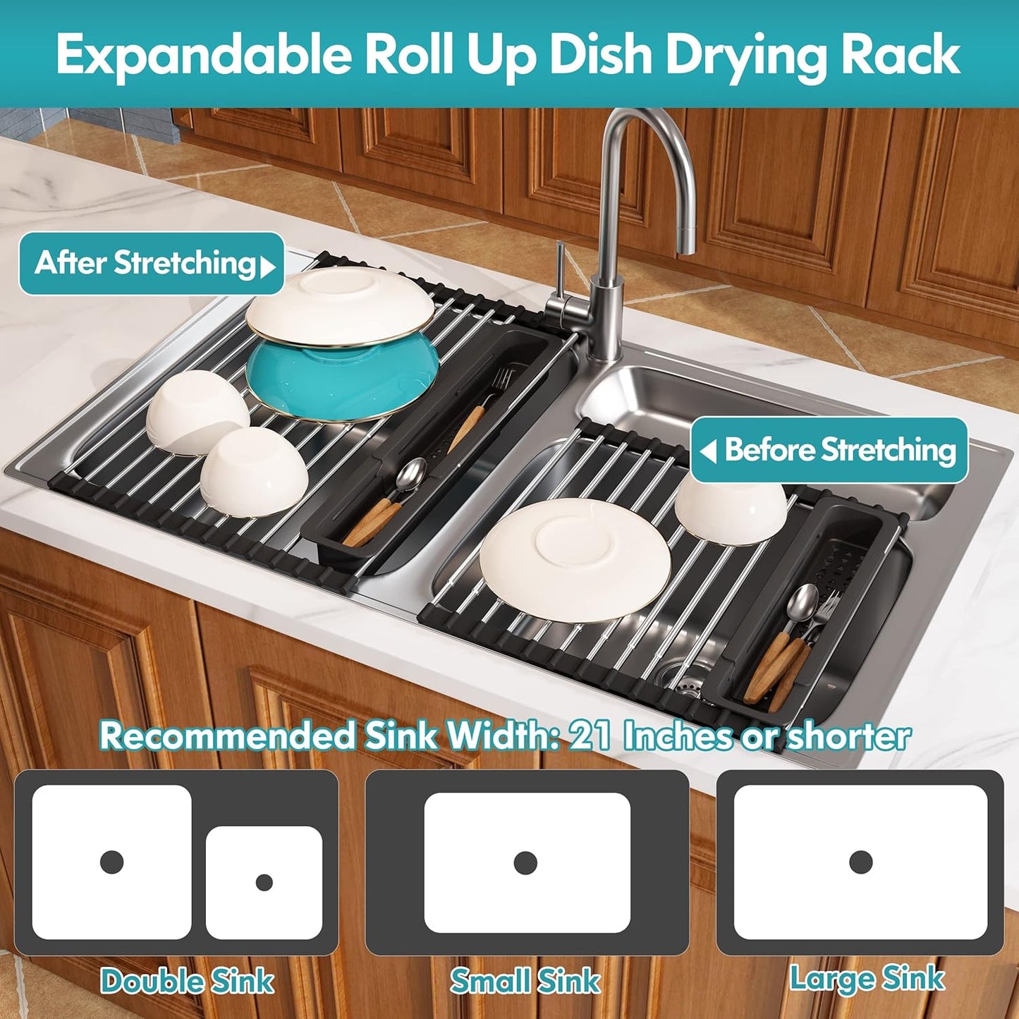 JASIWAY Roll Up Dish Drying Rack, Expandable (12.8"-23.8" D x 12.8" W) Stainless Steel Portable Over The Sink Dish Drainer for Kitchen Sink Counter, Foldable Sink Cover with Removable Utensil Holder